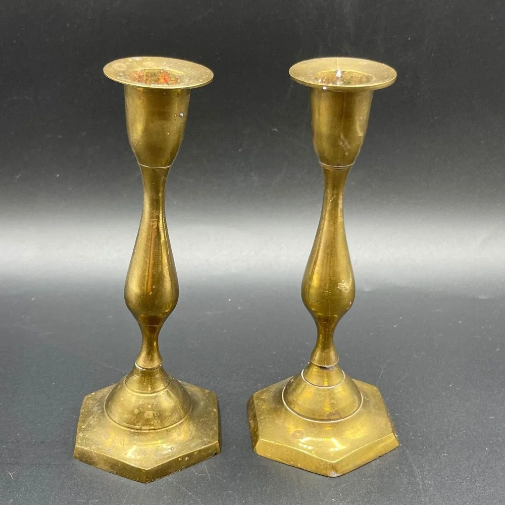 Landmark Designs Vintage Brass Candlestick Holders Set of 2 Hexagon Base India